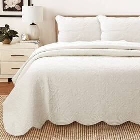 469b3 Cozy Line Home Fashions 3 Piece Blantyre Scalloped Edge Cotton Quilt Set King Ivory