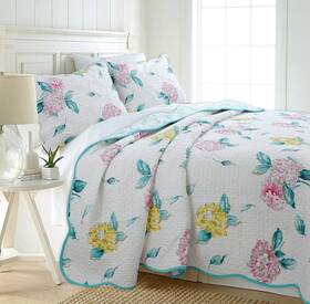 Cozy Line Home Fashions 737107928400 Turquoise Blue Floral Hydrangea Garden Leaf 100% Cotton Reversible Quilt Bedd
