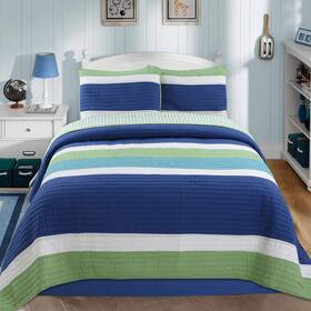 Cozy Line Home Fashions 737107941287 Waylon Navy Blue Green White Striped 100% Cotton Reve