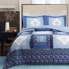Cozy Line Home Fashions 737107946022 Freesia Floral Cottage Garden 3-piece Blue Embroidered Cross Stitch Patchwork