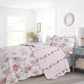 Cozy Line Home Fashions 737107946084 3-piece Cotton Queen Quilt Bedding Set Romantic Cottage Peachy Pink Peony Sh
