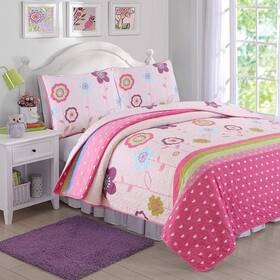Cozy Line Home Fashions 737107947654 Little Heart Garden Flowers 3-piece Pink Purple Blue Polyester Reversable Que