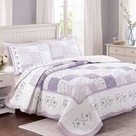 Cozy Line Home Fashions 737107949900 3 Piece Lavender Floral Cotton Ruffle Bedding Reversible King Quilt Sham Set