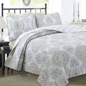 Cozy Line Home Fashions 737107950173 Sky Blue Tan Gray Microfiber Reversible Quilt Bedding Set Coverlet Bedsprea
