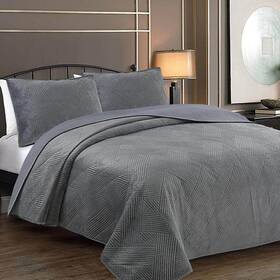 Cozy Line Home Fashions 737107950708 Quilt Set King Basket Weave Pattern Cotton Gray 3-piece