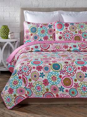 Cozy Line Home Fashions 737107951156 3 Piece Queen Size Maraih Flower Power Colorful Bloom Pink Quilt Bedding Set