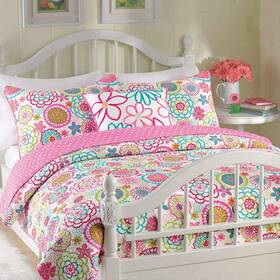 Cozy Line Home Fashions 737107951170 2 Piece Maraih Flower Power Colorful Bloom Pink Twin Quilt Bedding Set Coverl