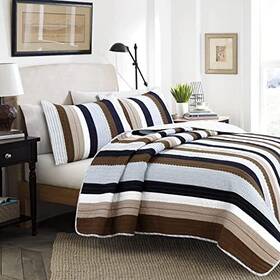 Cozy Line Home Fashions 737107952566 100% Cotton Reversible Quilt Bedding Set Navy Brown P
