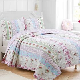 Cozy Line Home Fashions 737107952665 Wild Rose Floral Striped 100% Cotton Quilt Bedding Set Reversible Coverlet