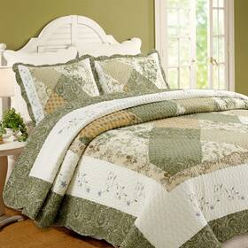 Cozy Line Home Fashions 739450617314 Floral Real Patchwork Green Beige Khaki Yellow Scalloped Edge Country 100% Co