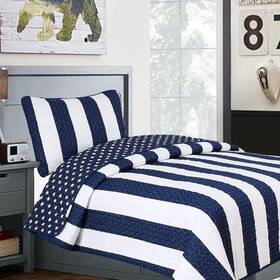 Bb-k-15011tn Cozy Line Home Fashions Twin Reversible Nautical Quilt Set 100% Cotton Navy Stripe Sham