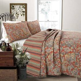 Bb010050513 Cozy Line Home Fashions Red Orange Vintage Reversible 100% Cotton 3-piece Quilt