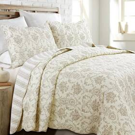 Bb01005065iq Cozy Line Home Fashions Quilts 3-piece Soft Cotton Queen Toile Ivory Cream Khaki