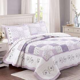 Bb01090455at Cozy Line Home Fashions Quilt Bedding Set Floral Orchid Square Patchwork Purple
