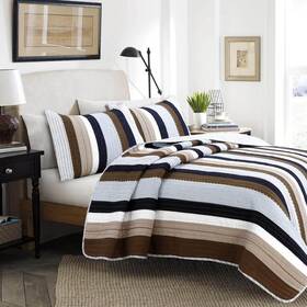 Bb01090607q Cozy Line Home Fashions Quilt Set 88 Inch X 92 Queen Cotton Striped Blue 3-piece
