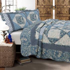 Bb20170507k Cozy Line Home Fashions Floral Rose Garden 3-piece Blue Vintage Cottage Patch