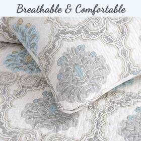 Bb20170513k Cozy Line Home Fashions Quilt Bedding Set Cotton Floral Damask Pattern Reversible King Gray 3-piece