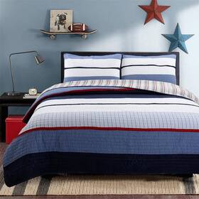 Bb2020-041q Cozy Line Home Fashions Fashion Quilt Set 92 Inch X 88 Cotton Queen Striped Blue 3-piece