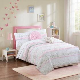Bb2020-047q Cozy Line Home Fashions Kids Bedding Set Polka Dot Pink Gold Silver Ruffle Cotton Queen Quilt