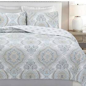 Bb2021061q Cozy Line Home Fashions Gray Taupe Blue Floral Majesty Reversible Quilt Bedding