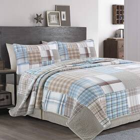 Db2019-003k Cozy Line Home Fashions Hank Blue Grey Brown Plaid Grid Patchwork 100% Cotton Quilt Bedding Set