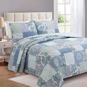 K-15003q Cozy Line Home Fashions Bedding Set Aqua Blue Patchwork Cotton Queen Quilt 3 Pcs