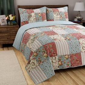 Kd8630q Cozy Line Home Fashions Floral Striped Bird Country Garden 3-piece Patchwork Set