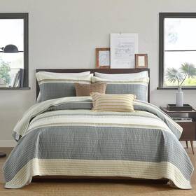 Cozystitch 639393940978 Quilt King Size 100% Cotton Comforter Set Striped Quilted Bedspread 3 Piec