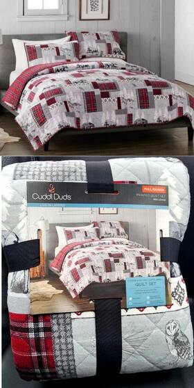 Cuddl Duds 022164414707 Red Lodge Cotton Quilt &sham Set Reversible Bedspread F/queen 3pc New