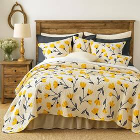 18112-k Dada Bedding Botanical Floral Bedspread Quilt - Yellow Fleur Golden Sp