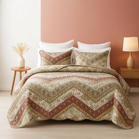 Jhw-924-k Dada Bedding Bohemian Quilted Floral Bedspread Set - Rustic Cranberry Red Sage Green Chevr