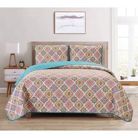 Dan River 008678788749 Reversible Printed Quilt Set 3 Piece - King Aqua Boho Orange Green
