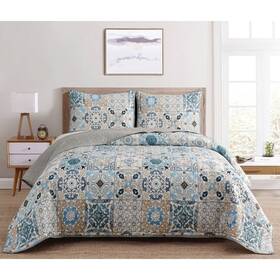 101825-blue Dan River 101825-blue/pw/tile Reversible Printed Quilt Set 3 Piece Full Queen - Blue Patchwork Tile