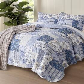 Dw2435-bf-k Dawndior Boho Blue Floral Quilt Set King Size - 106x96 Standard Reversible Bedspread