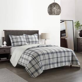 Dearfoams 784857894530 Willisville Soft Grey Plaid Micromink 3 Piece Quilt Set Queen