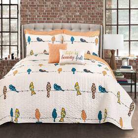 T002244 Decorative Quilt Set Queen Yellow Orange White Bird Wire Pillow Shams 7 Piece Bedding Cover