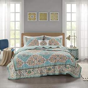 Id13-1874 Deliah Reversible Quilt Set-boho Medallion Print Channel Twin Xl Teal