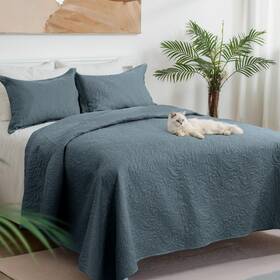 C-p1bu1 Dennylife California King Size Quilt Bedding Set Blue Bedspreads- Leaf Coin Pattern Cov