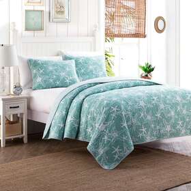 23189165 Design Coastal Quilt Set Queen Cotton Reversible Blue White Star Fish Pillow Sham Cover