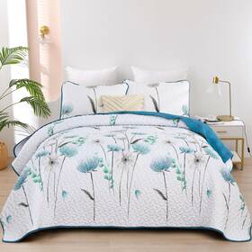 Dinjoy 313111810810 Floral Quilt Set Queen Size Teal Bedspread Coverlet Botanical 3 Pieces Su