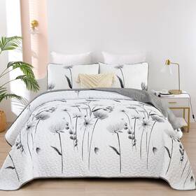 Dinjoy 705353501487 King Size Quilt Set Floral 3 Pieces Grey And White Quilts Coverlet Flower Beds