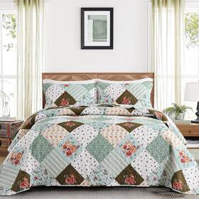 Dinjoy 726084268036 Green Quilt Set Queen Size Reversible Floral Plaid Patchwork Pattern Bed
