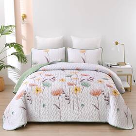Dinjoy 744110392203 Floral Quilt Set Queen Size Sage Green Bedspread Botanical 3 Pieces Fall