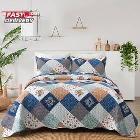 Dinjoy 744110525717 Reversible Patchwork Quilt Bedding Set King Size Blue Green Grey Plaid Fl