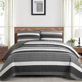 Ac080950k3u Djoymock Quilt Set King Size Gray And Black White Striped Grey Summer Patchwork B