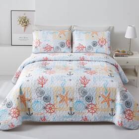Ac090269 Djoymock Ocean Quilt Set Queen Size Coastal Beach Theme Bedding Lightweight Starfish S
