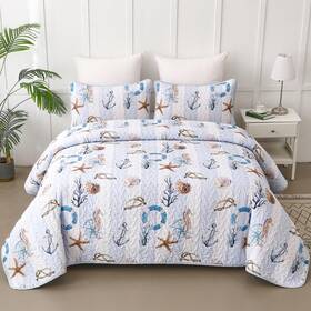Hh09ac080820af-i Djoymock 3 Pcs Coastal Quilt Set Queen Size - Summer Nautical Beach Theme Quilted Blan