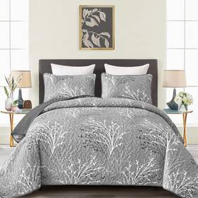 20645646 Djy Grey Quilt Set King Size - Branch Botanical Pattern Bedspread Coverlet