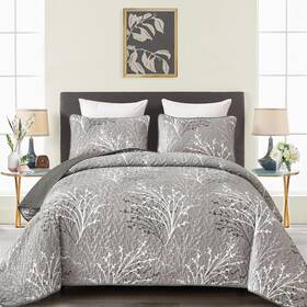Djy 313102998947 Grey Quilt Set King Size - Branch Botanical Pattern Bedspread Coverlet