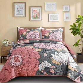 Djy 445025570528 Floral Quilt Set King Size Grey Pink Boho Flower Bedspread Coverlet 3 Pi